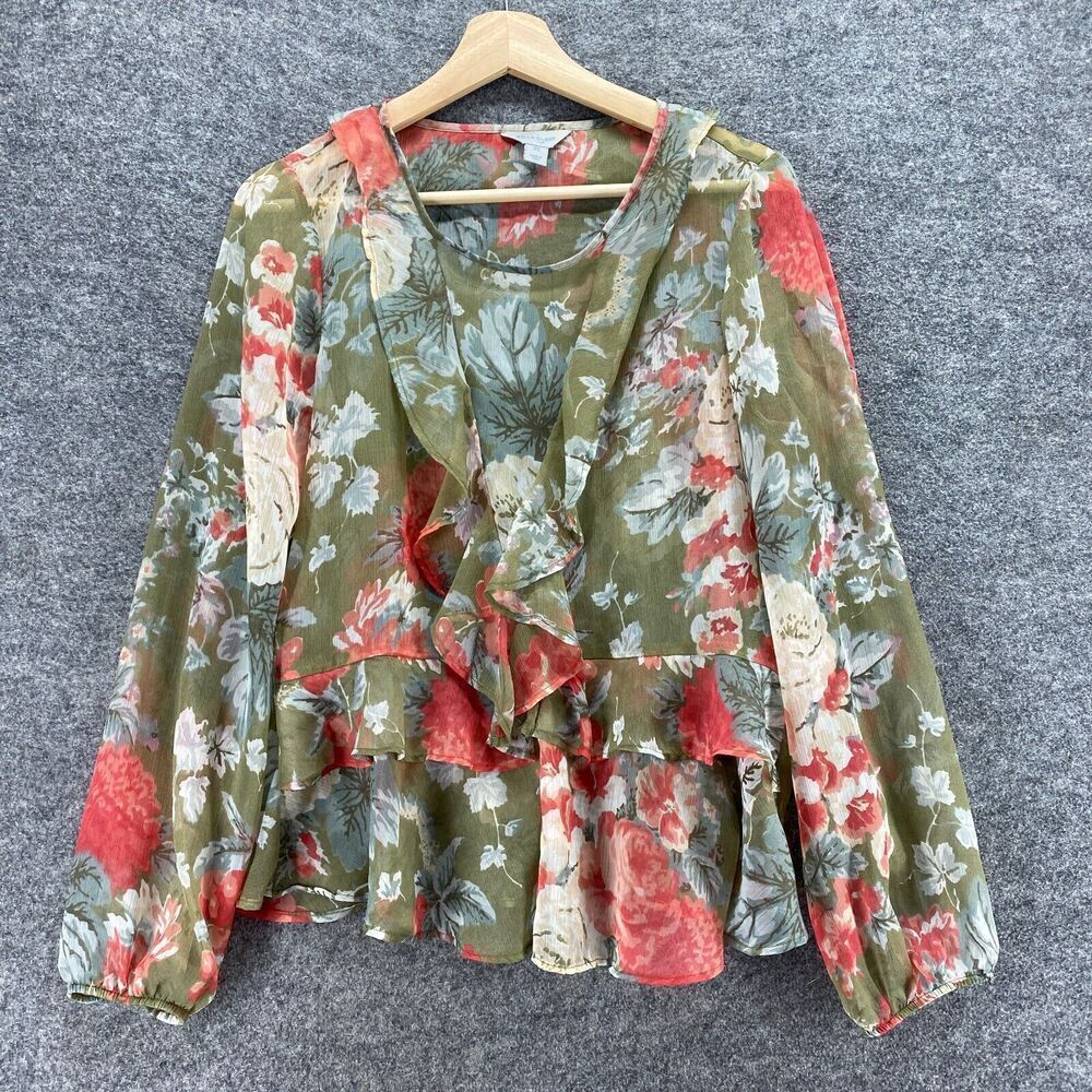 Sky Olive Green Floral Ruffle Blouse with Red & Cream Flowers